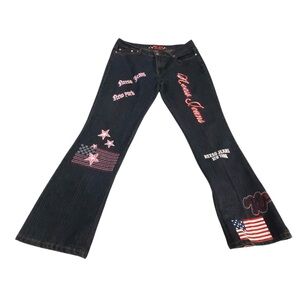 Y2K Neeso Jeans New York Dark Wash Flare Bootcut USA Flag Pink Embroidery Sz 11